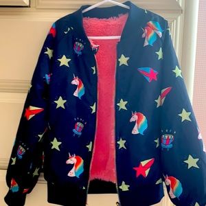 Lola and the Boys navy reversible bomber style jacket.